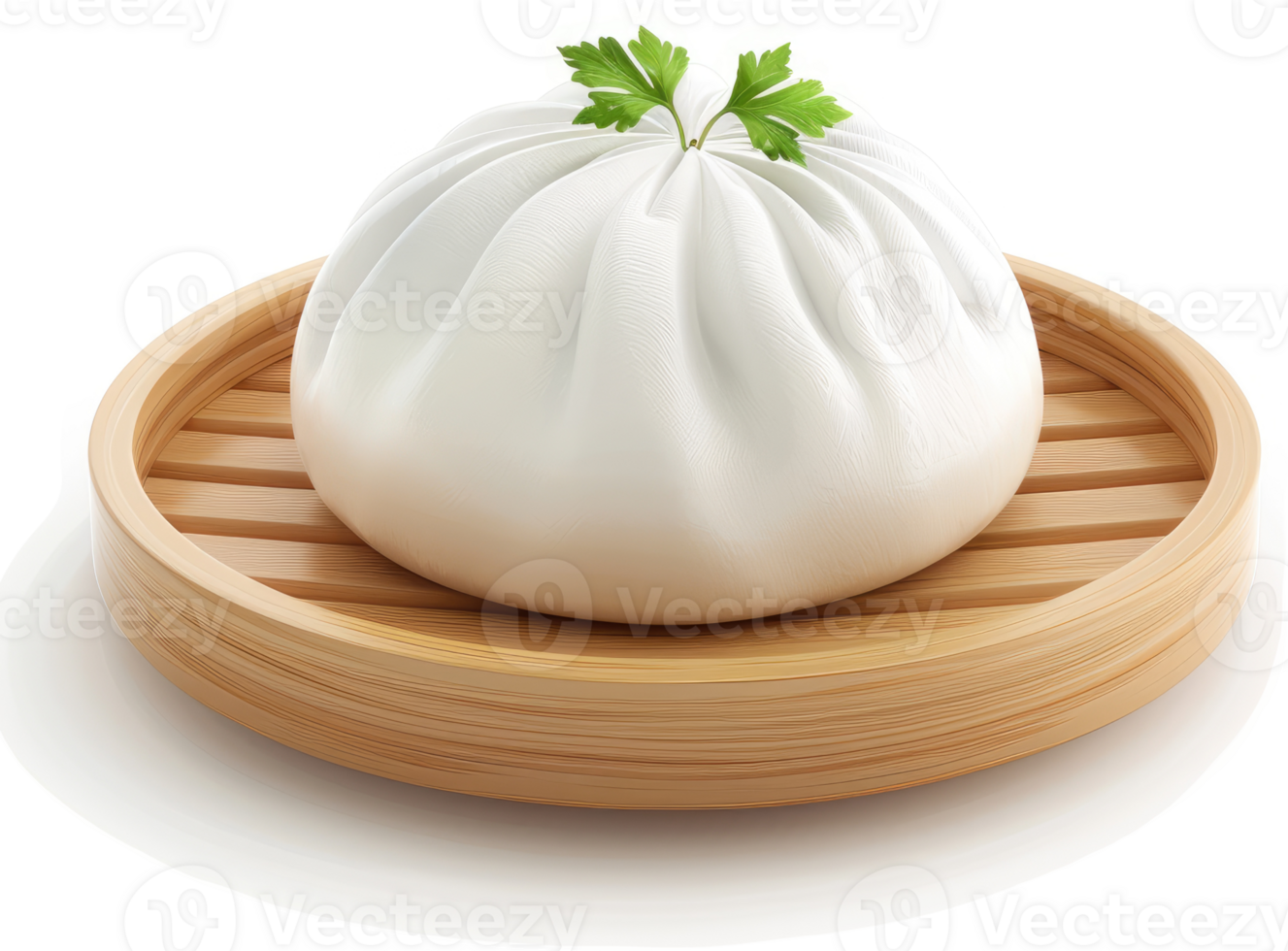 Steamed bun on a wooden serving dish. png