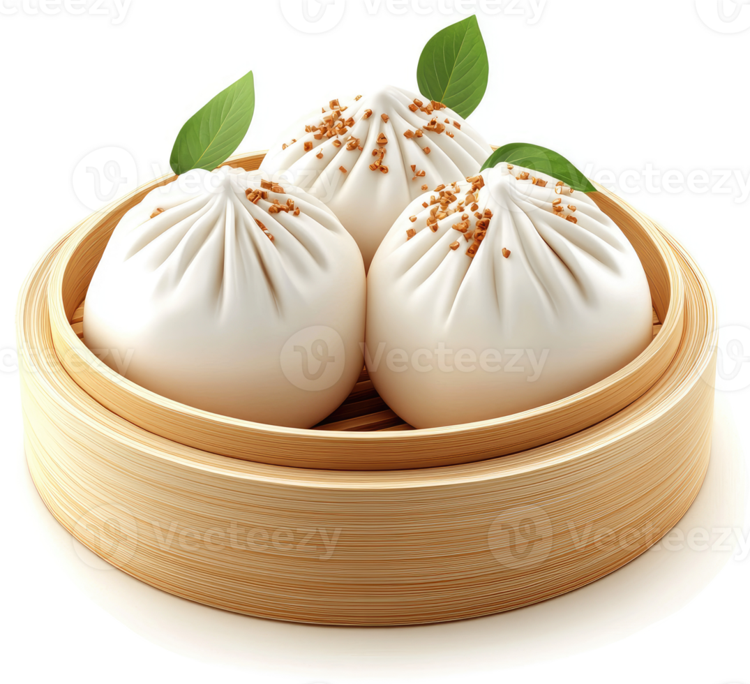 Steamed dumplings, a delightful culinary delight, served in a traditional bamboo steamer. png