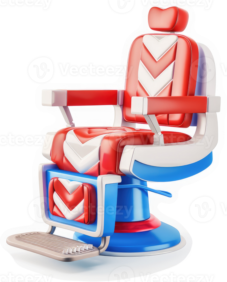 Vibrant red and blue barber chair with stylized accents. png