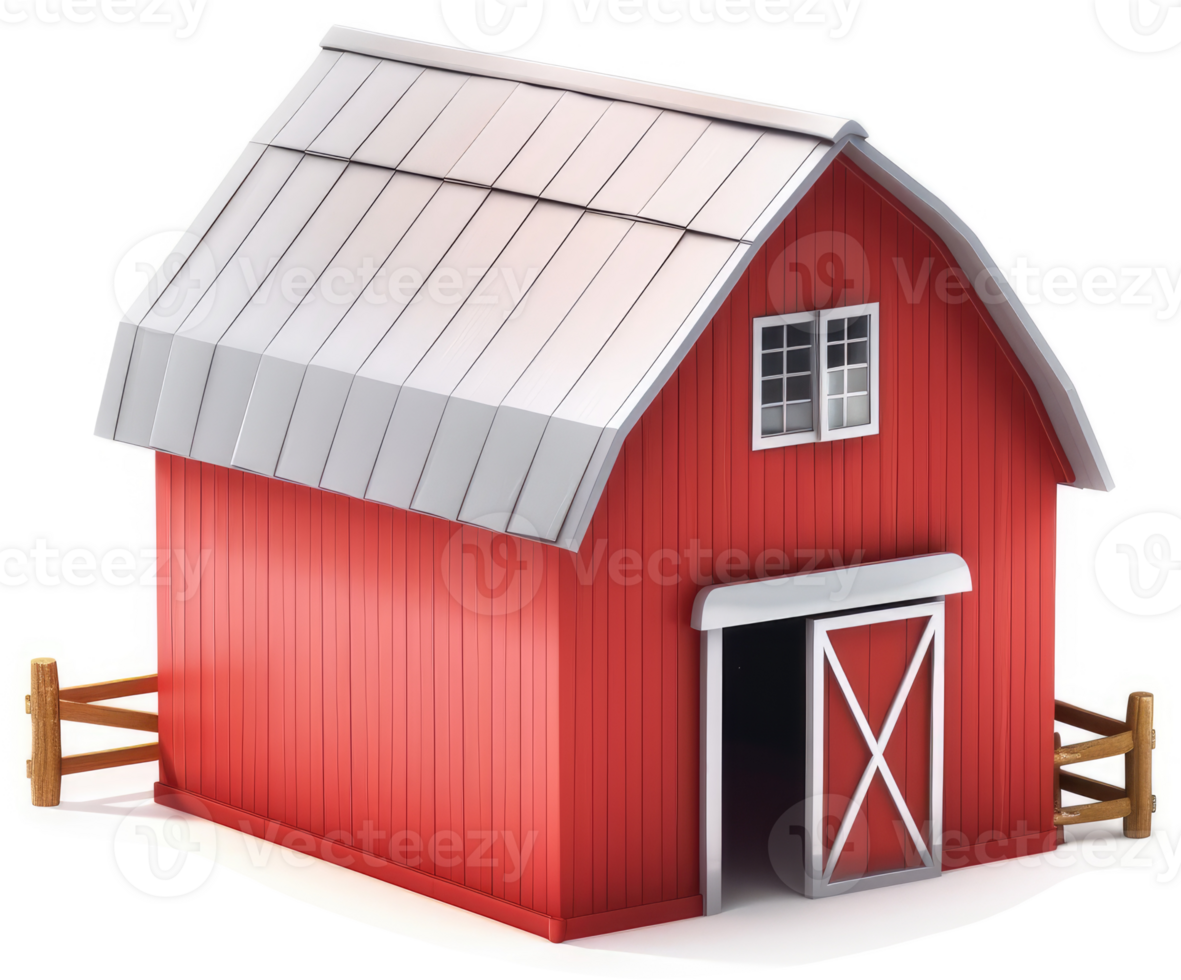 Red barn with gable roof and wooden fence. png