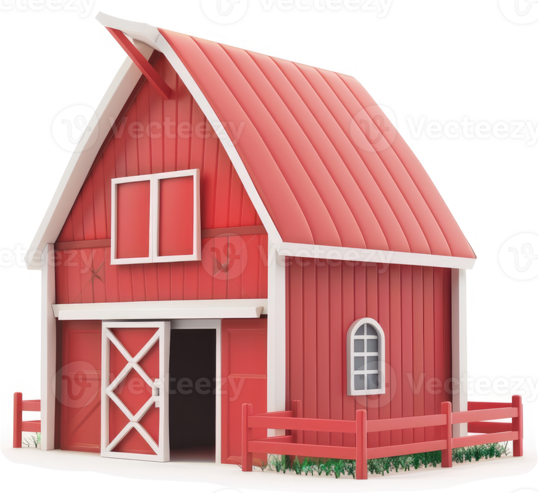 A vibrant red barn stands proudly, framed by a simple fence. png