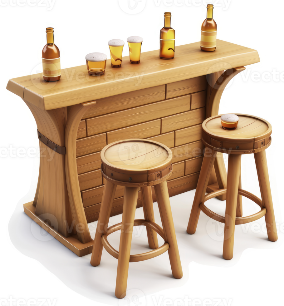 Wooden pub bar with stools and bottles of beer. png