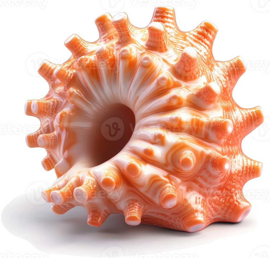 Ornate, coral-hued seashell with intricate spiral design. png