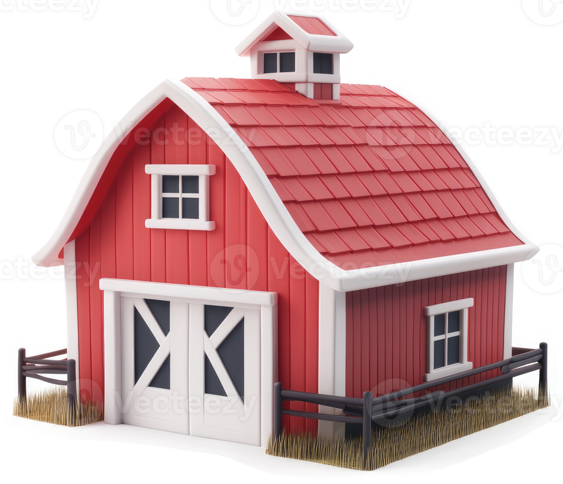 Charming red barn with a curved roof stands in a grassy field. png