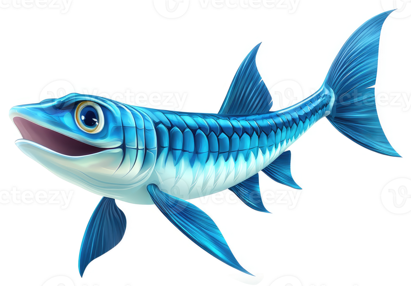 Smiling blue fish with large tail fins. png