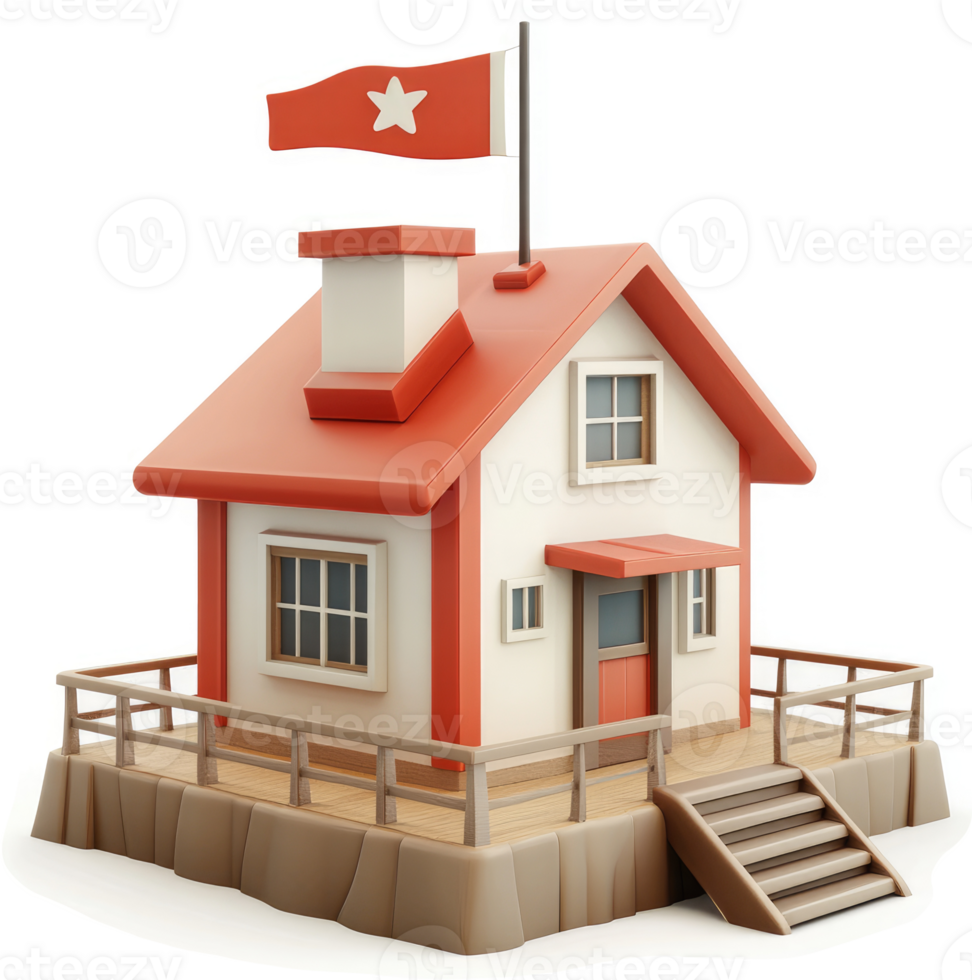 Cozy seaside cottage with a small red flag. png