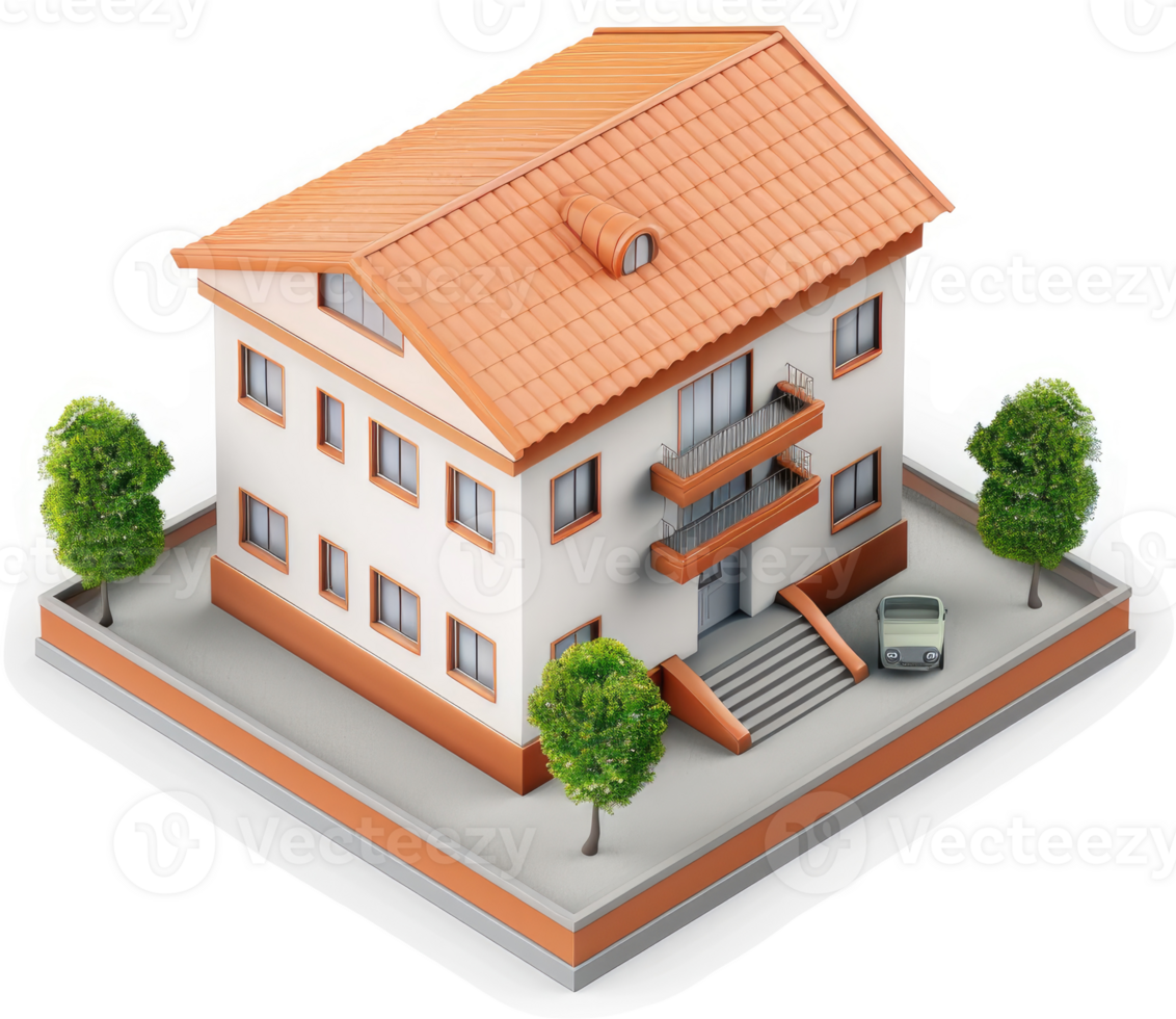Two-story residential building with terracotta roof and landscaping. png