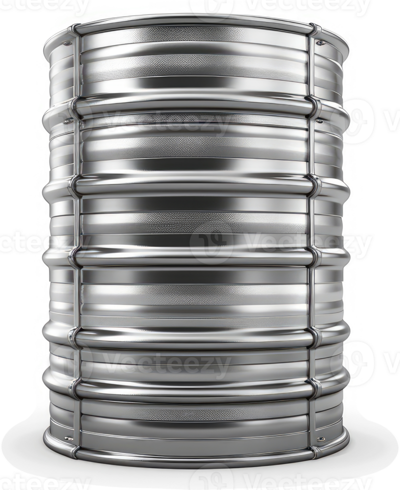 Metallic cylindrical storage container with ribbed exterior. png