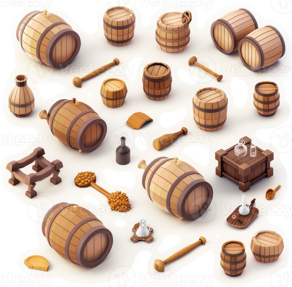 Collection of medieval wooden barrels and brewing implements. png