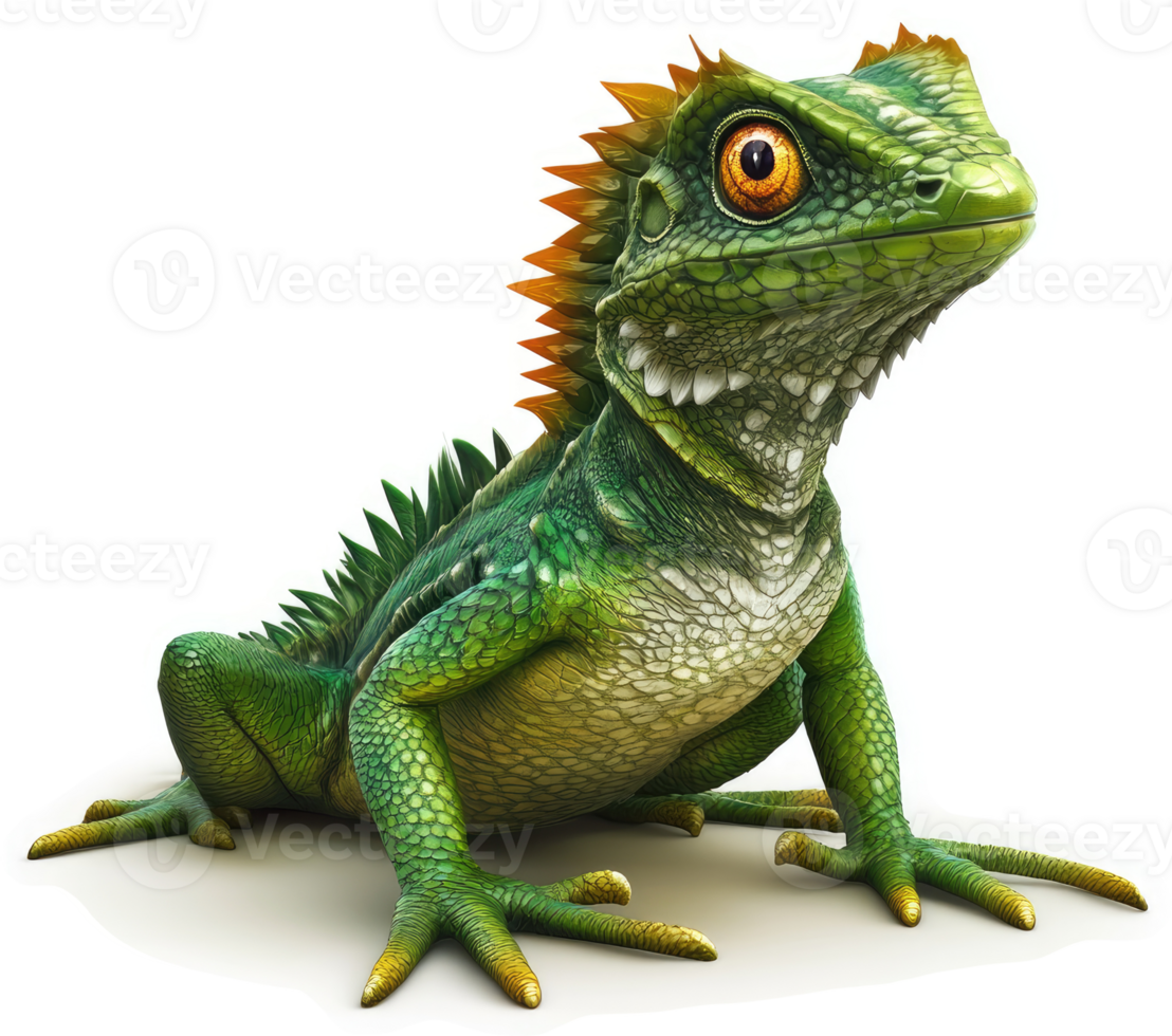 Vibrant green lizard with spiky crest, alert and posed. png