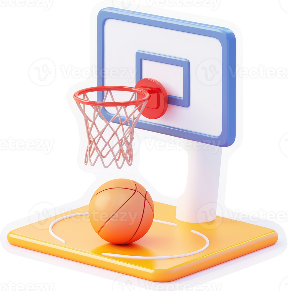 3d rendered basketball hoop and ball on court. png