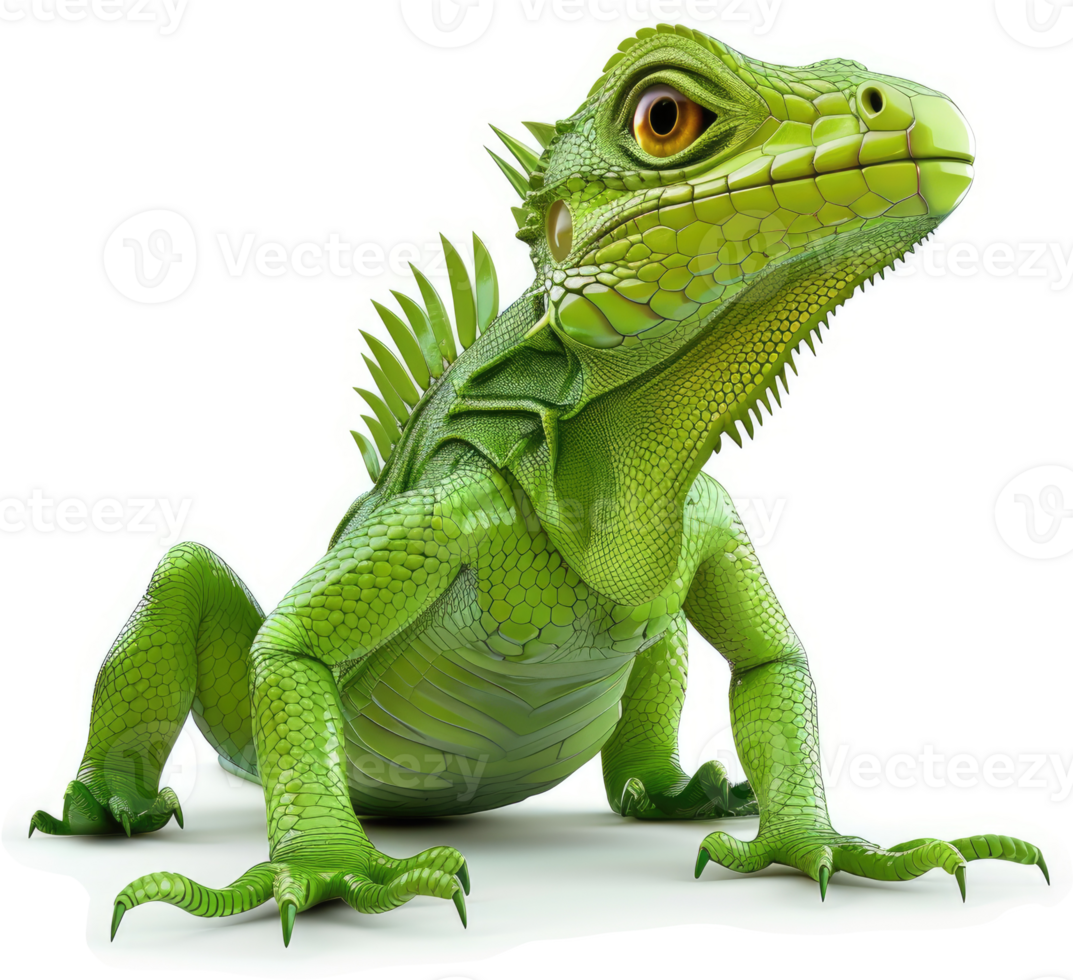 Vibrant green iguana displays its scales and features. png