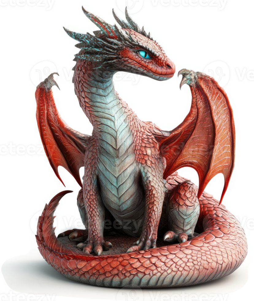Radiant red dragon, poised and serene, rests. png