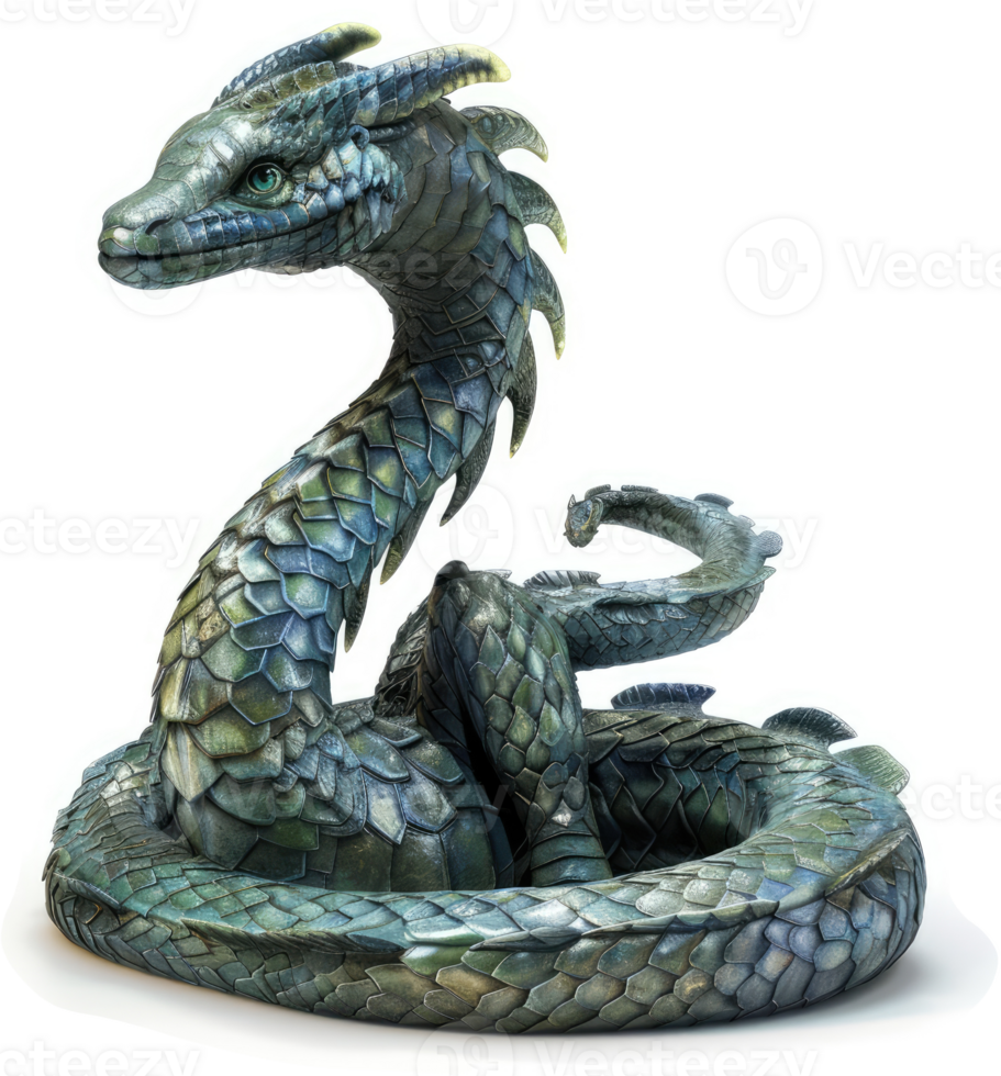 Serpentine dragon figurine, coiled in a circle. png