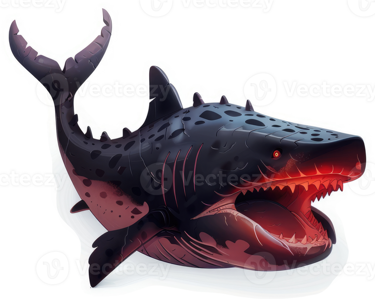 Dark, menacing prehistoric shark with glowing red eyes. png