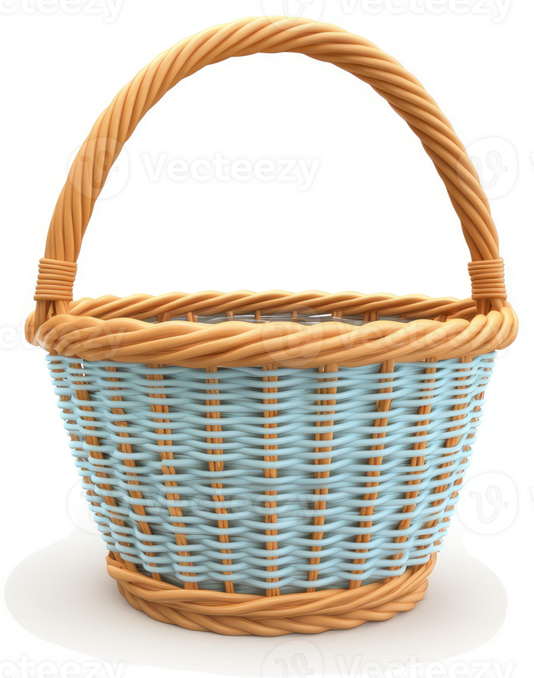 Light blue and tan woven basket with a curved handle. png