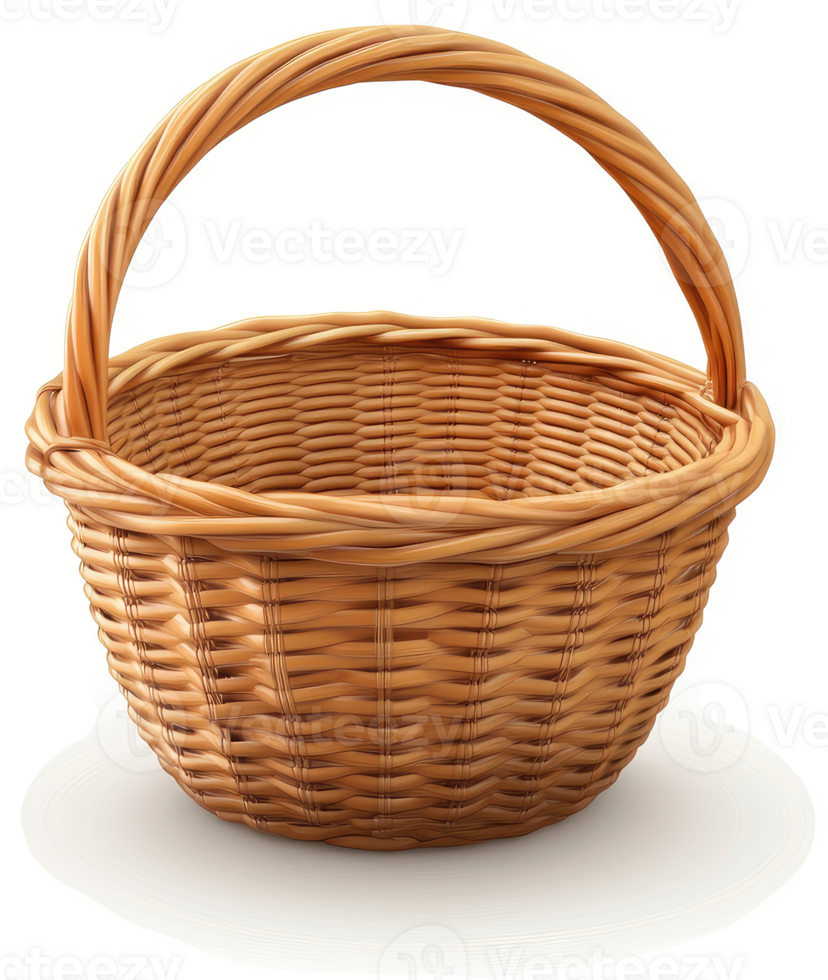 Empty, light brown wicker basket with a handle. png