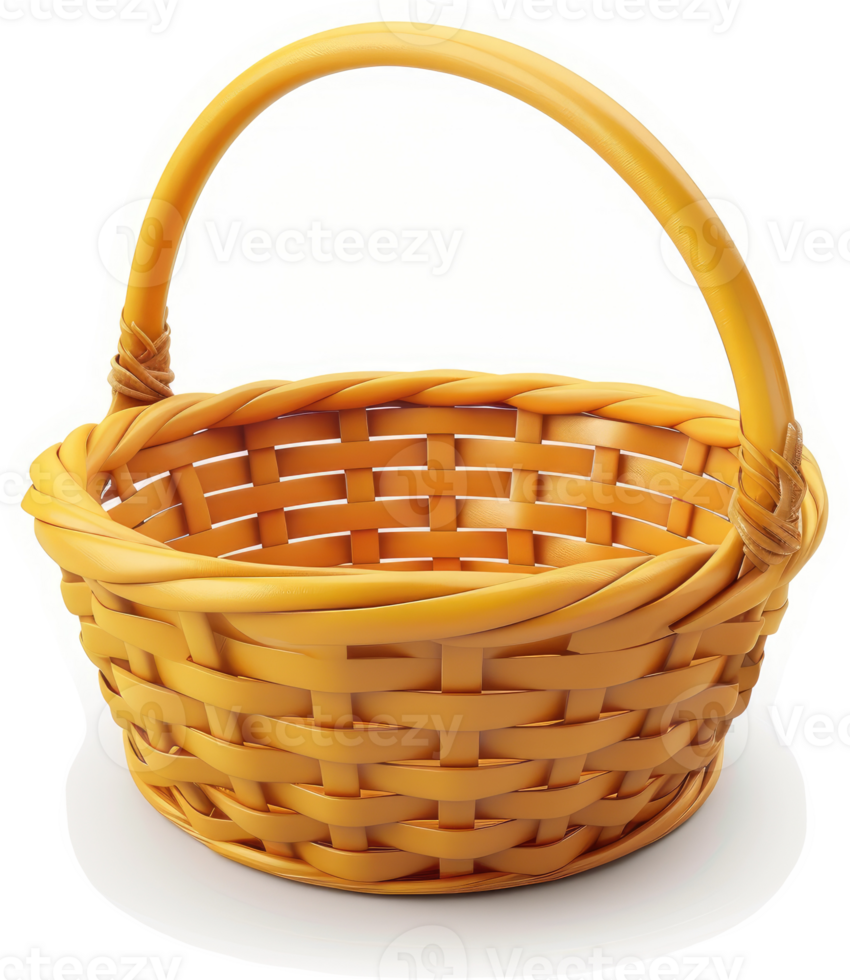 Empty, round, yellow wicker basket with a handle. png