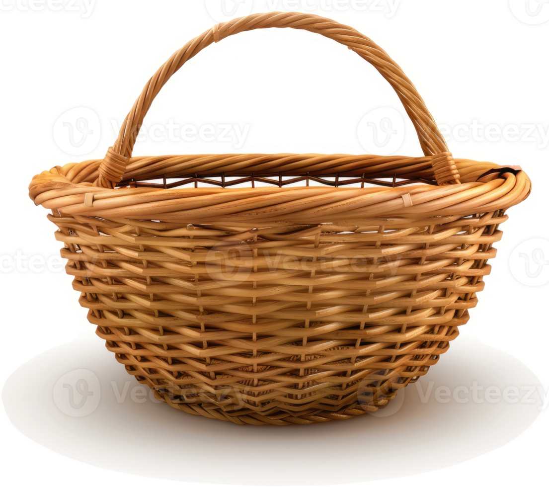 Round, woven wicker basket with handle. png
