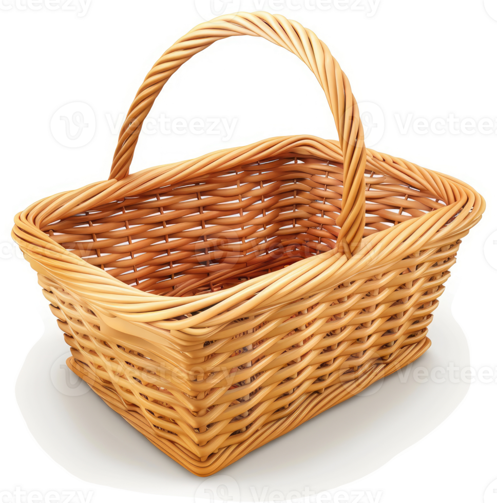 Rectangular wicker basket with a handle. png