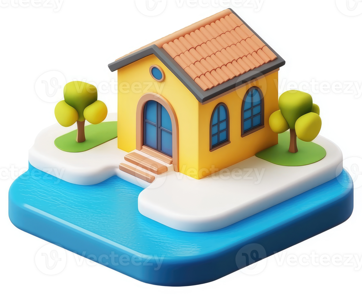 Charming yellow house on an island in a stylized 3d model. png
