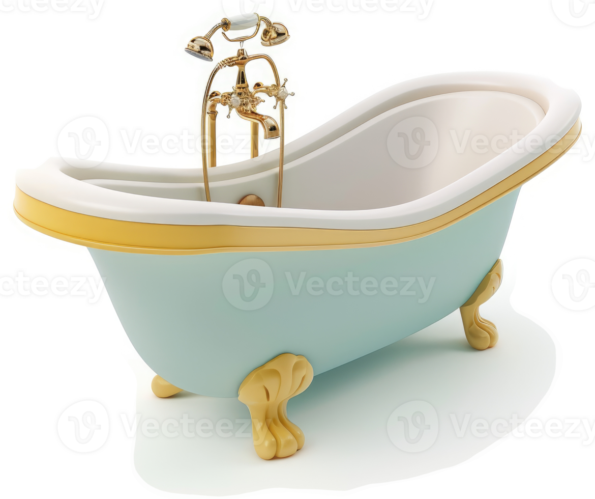 Vintage light teal clawfoot bathtub with gold accents. png