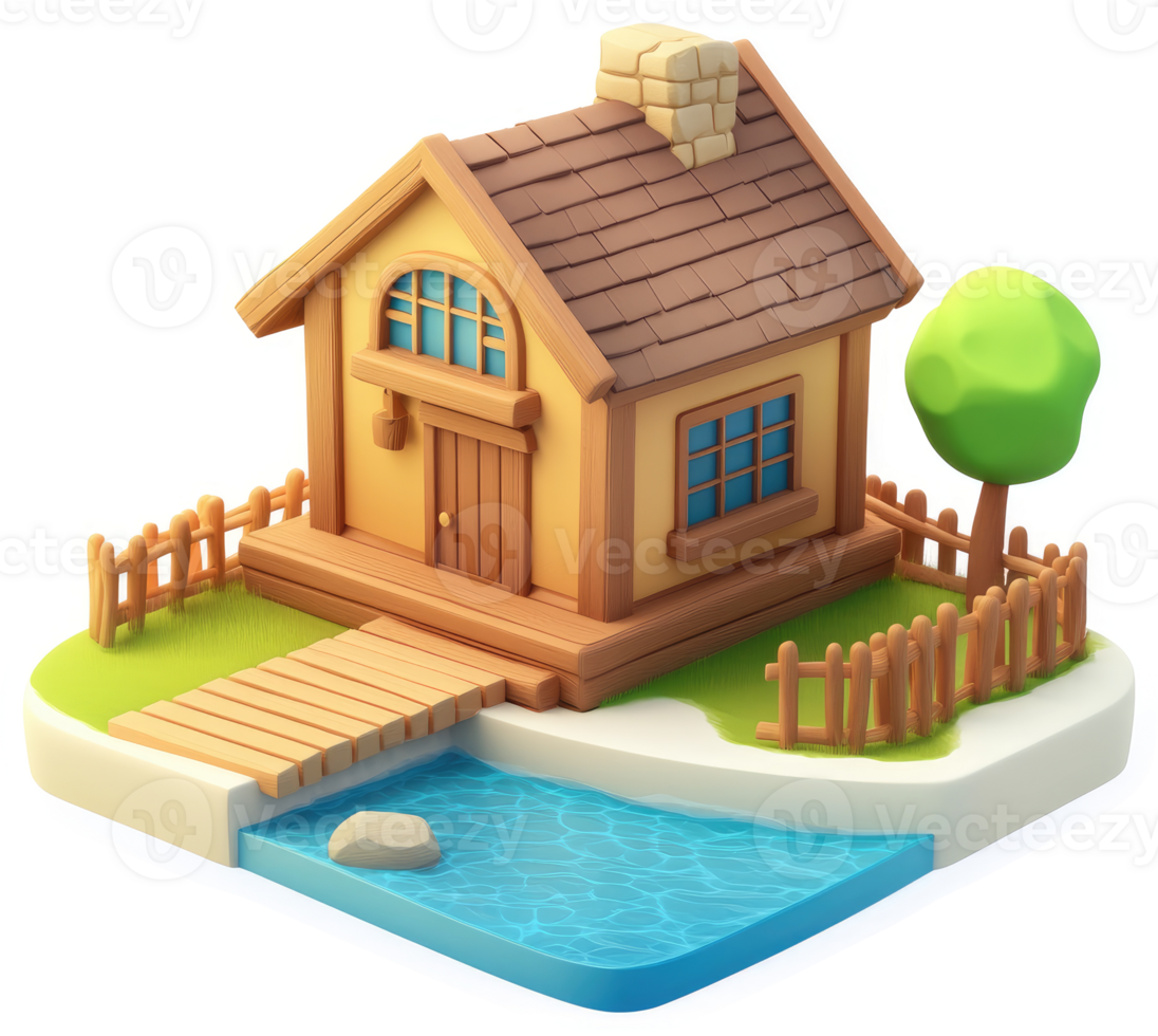 Cartoon style depiction of a cozy cottage by a river. png