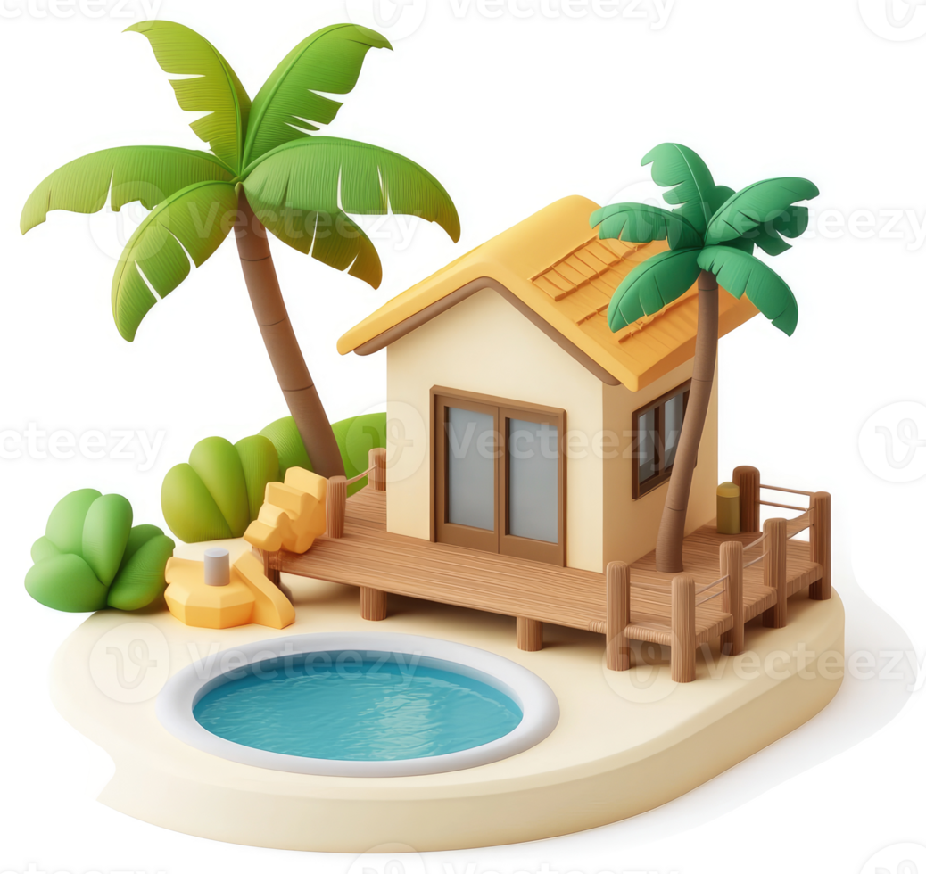 Tropical beach house with pool and palm trees. png