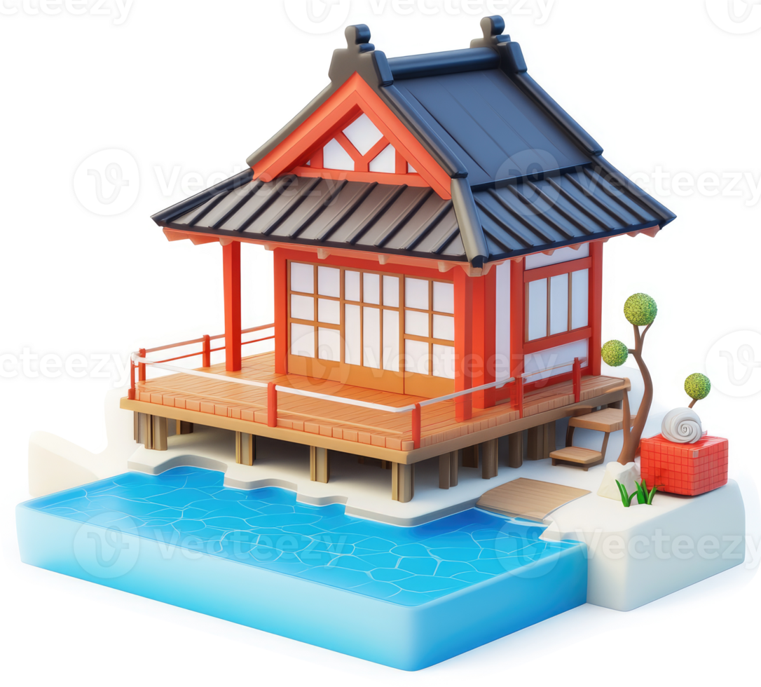 Stylized japanese seaside pavilion on a small platform. png