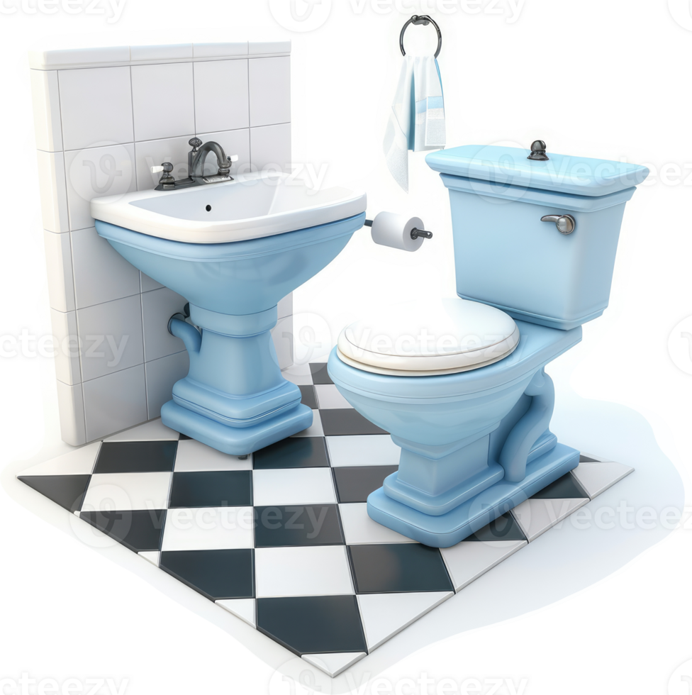 Retro light blue bathroom fixtures on checkered floor. png