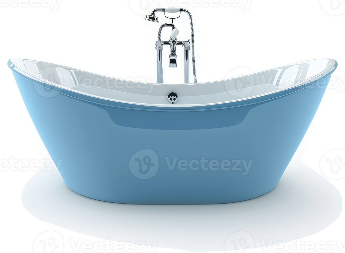 Stylish, light-blue soaking bathtub with chrome fixtures. png