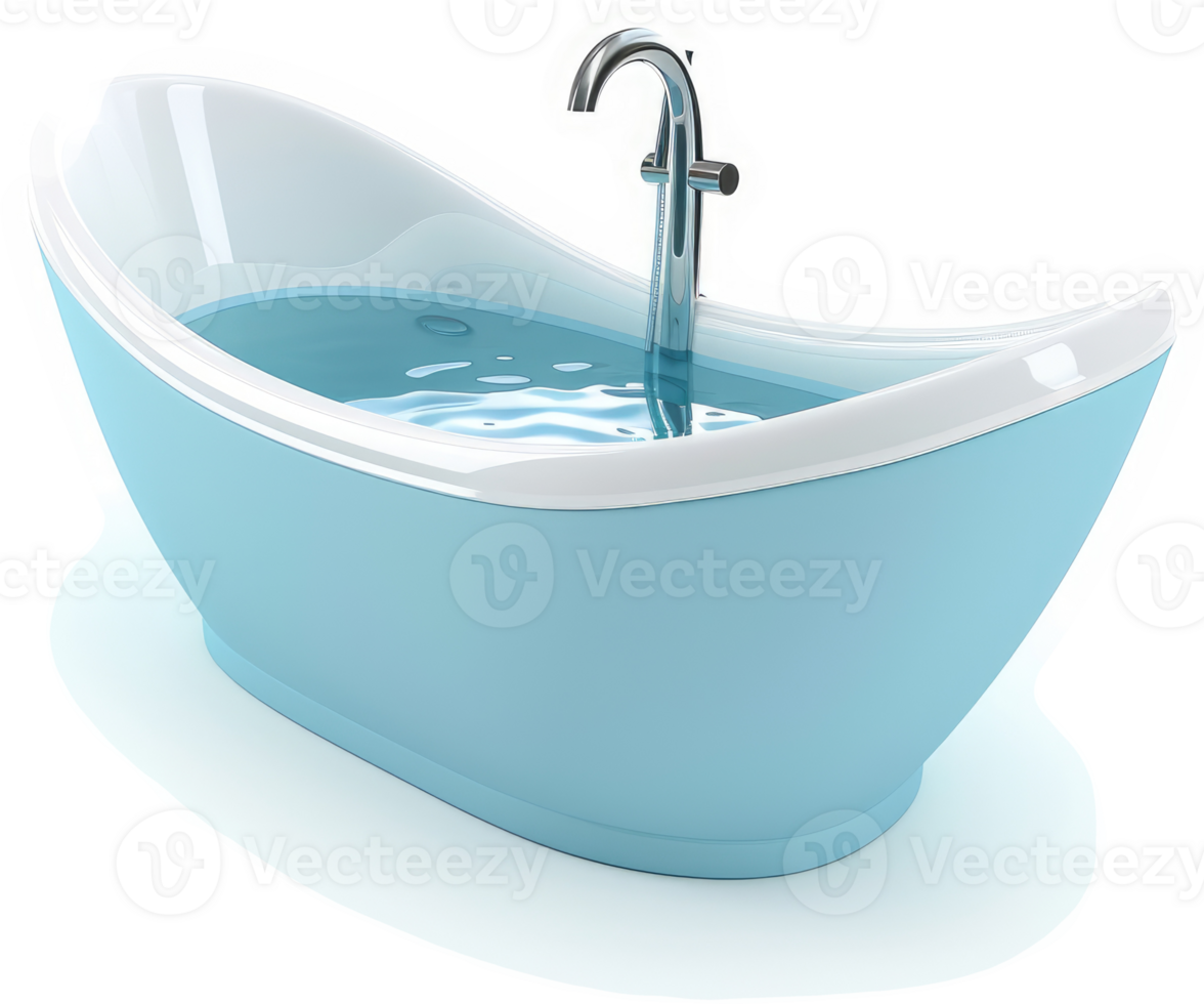 Light blue bathtub filled with water and a chrome faucet. png