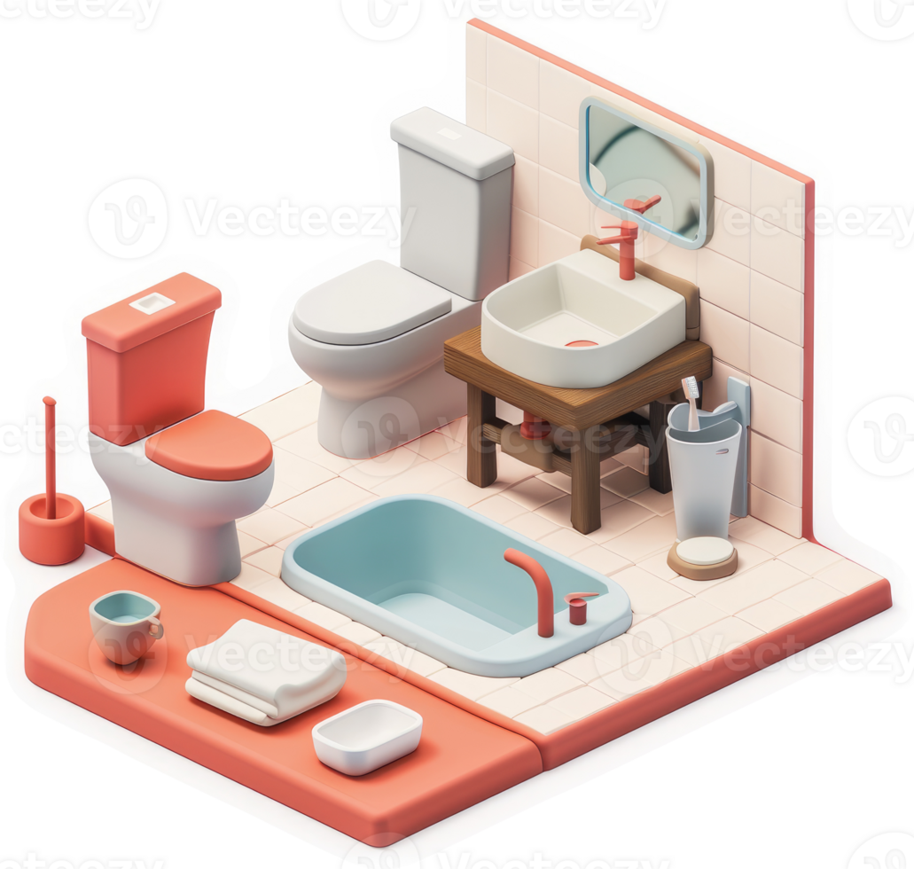 Stylish, cartoonish bathroom scene with essential fixtures. png