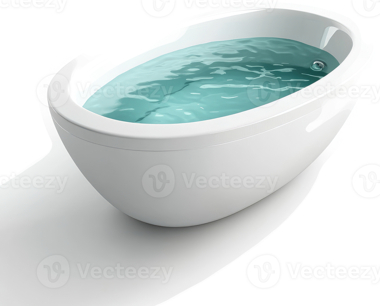 Modern oval bathtub filled with teal-colored water. png