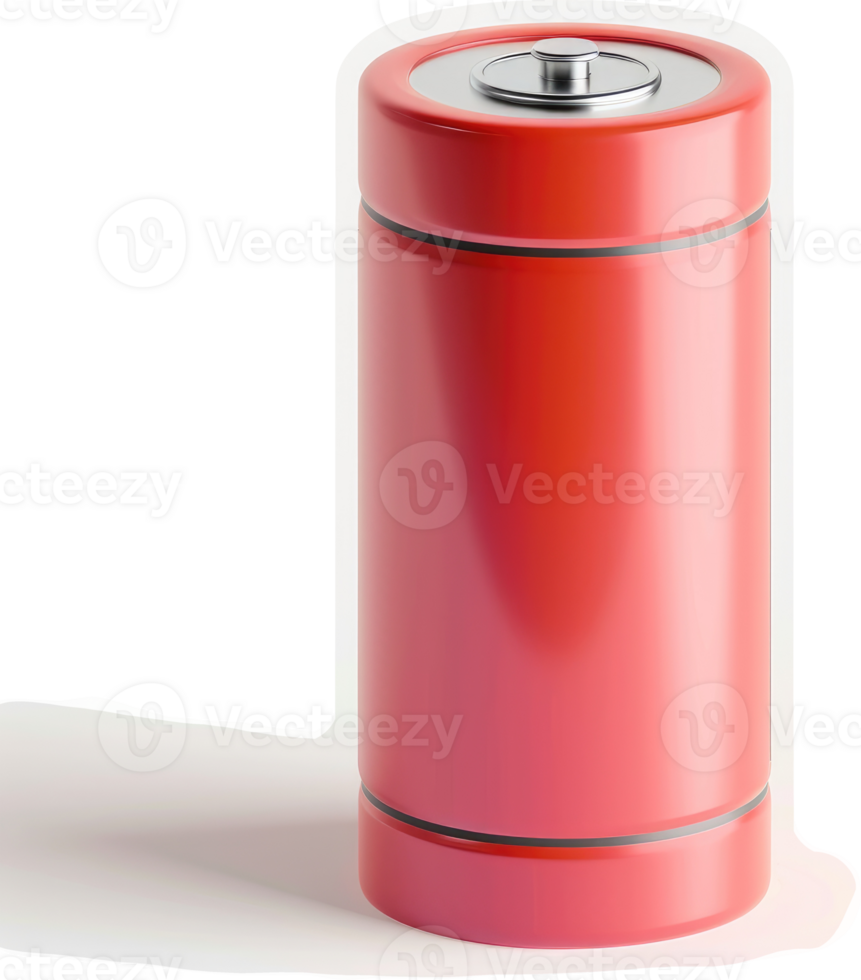 Red cylindrical battery with metal top and bands. png