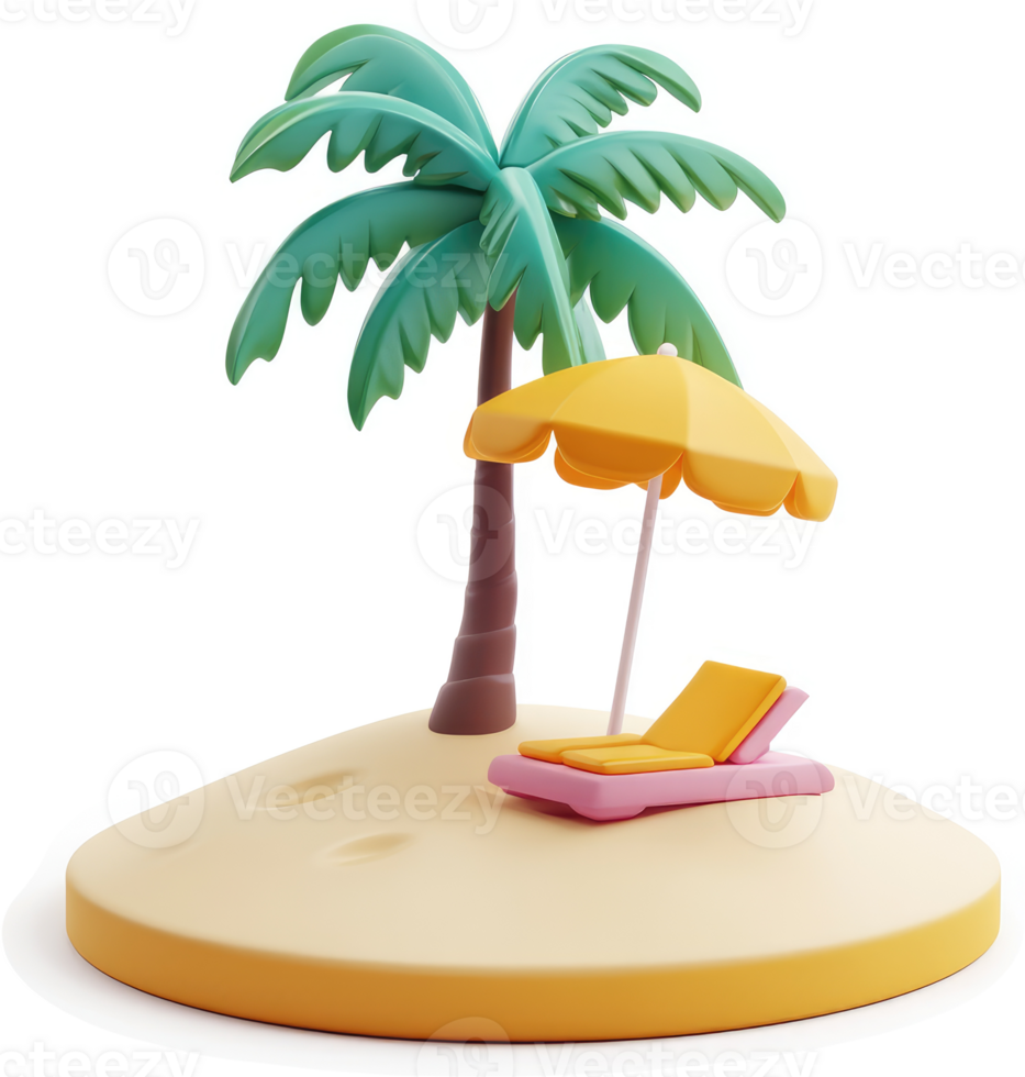 Tropical island getaway depicted with palm tree, umbrella, and lounge chair. png
