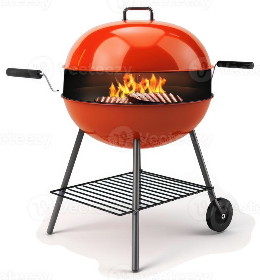Outdoor round orange metal barbecue grill with fire. png