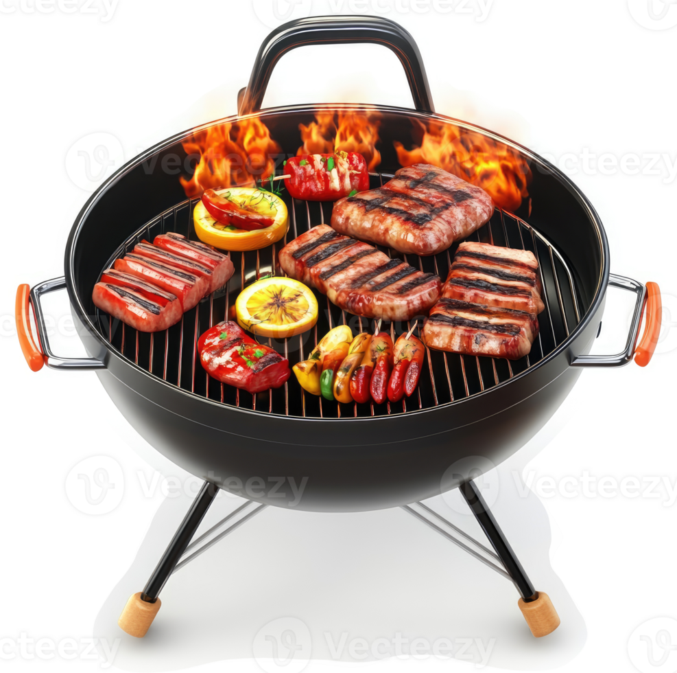 Delicious grilled meats and vegetables on a portable round barbecue. png