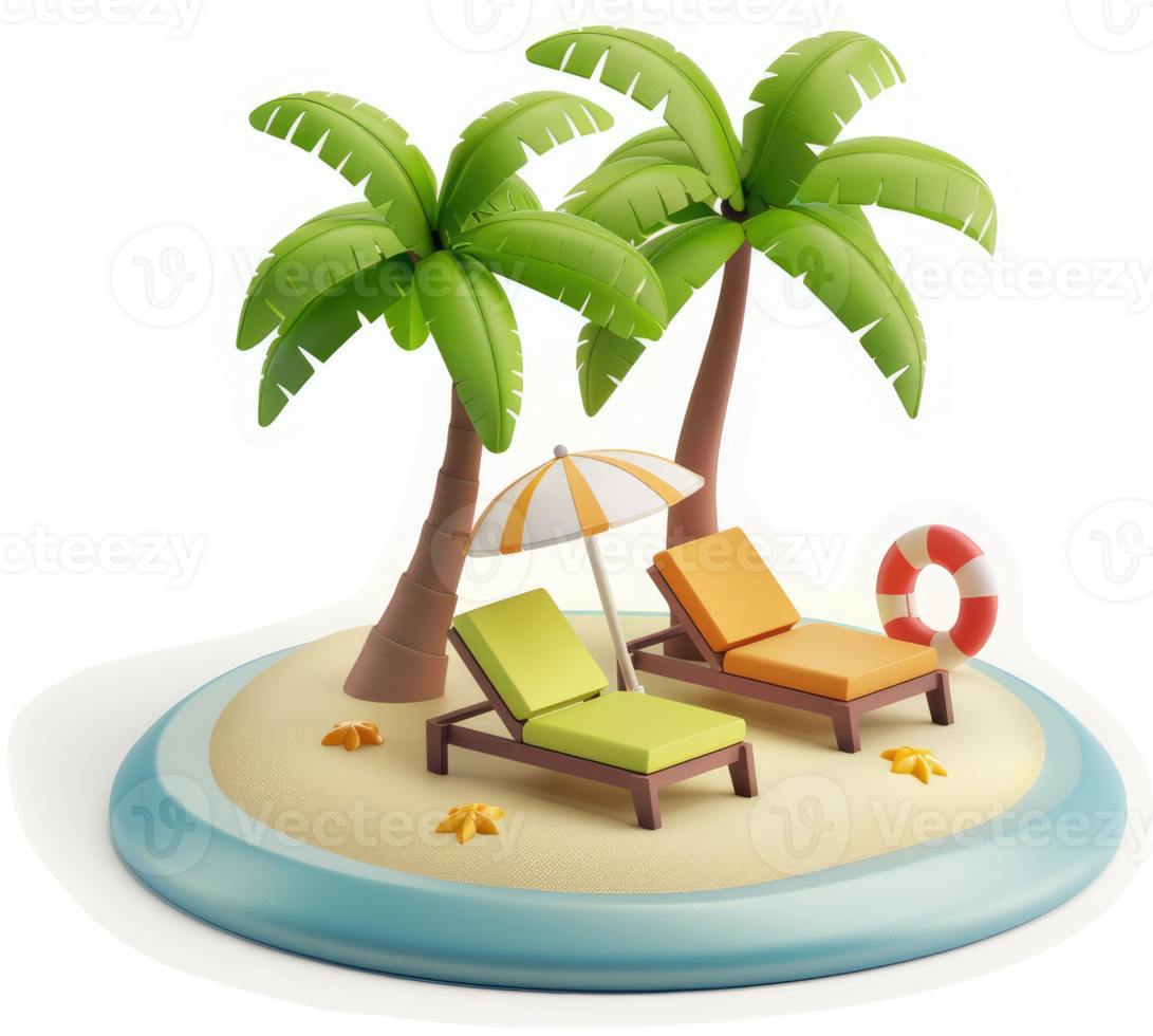 Tropical island getaway scene with beach chairs and palm trees. png
