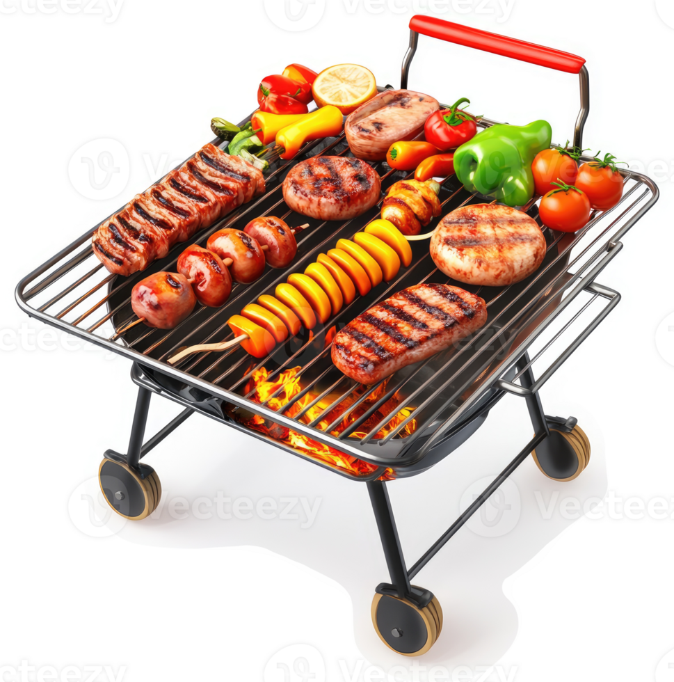 Delicious grilled meats and vegetables on a portable barbecue. png
