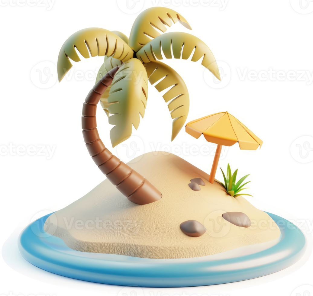 Cartoonish tropical island scene with palm tree and umbrella. png