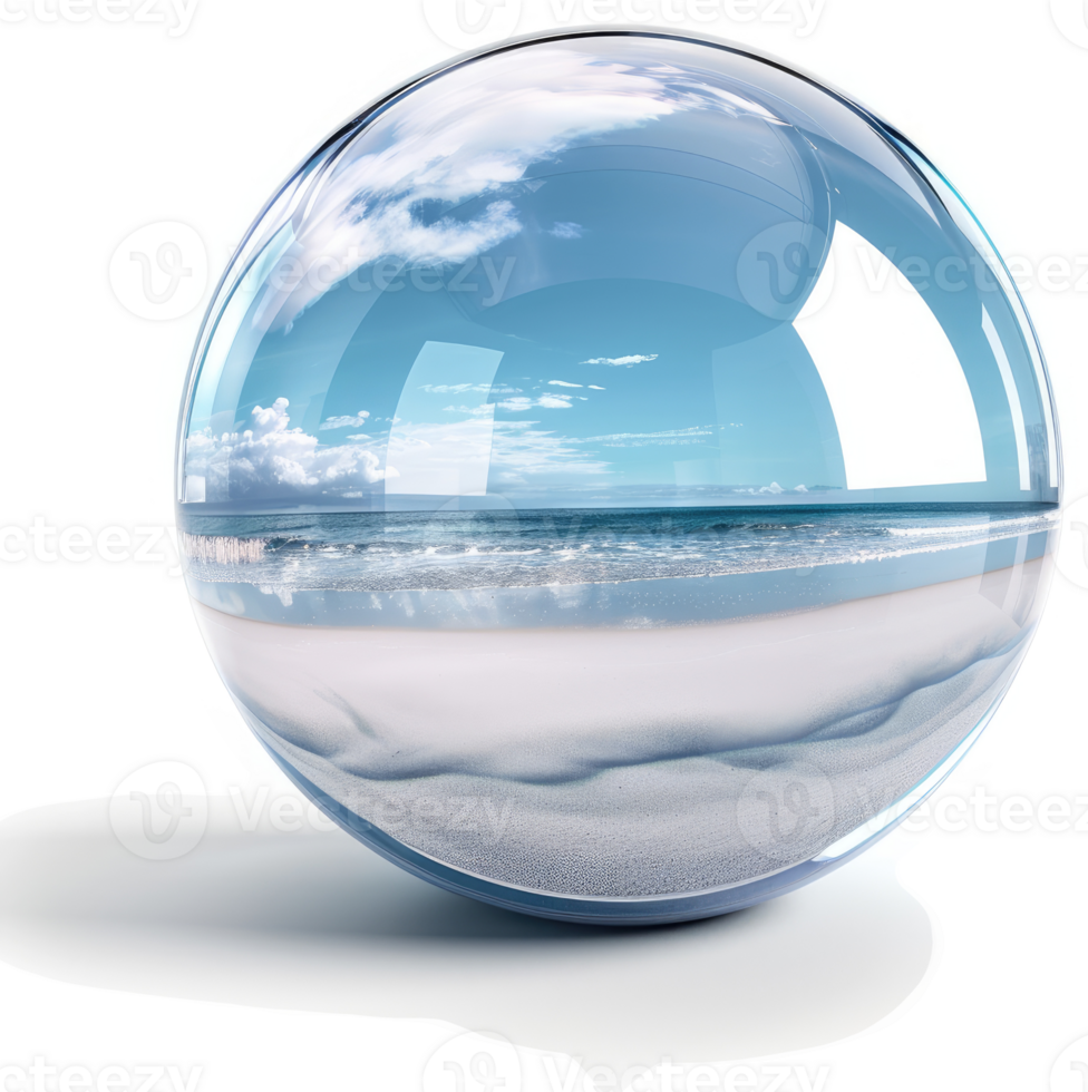 Crystal sphere encapsulating a serene beach scene. png