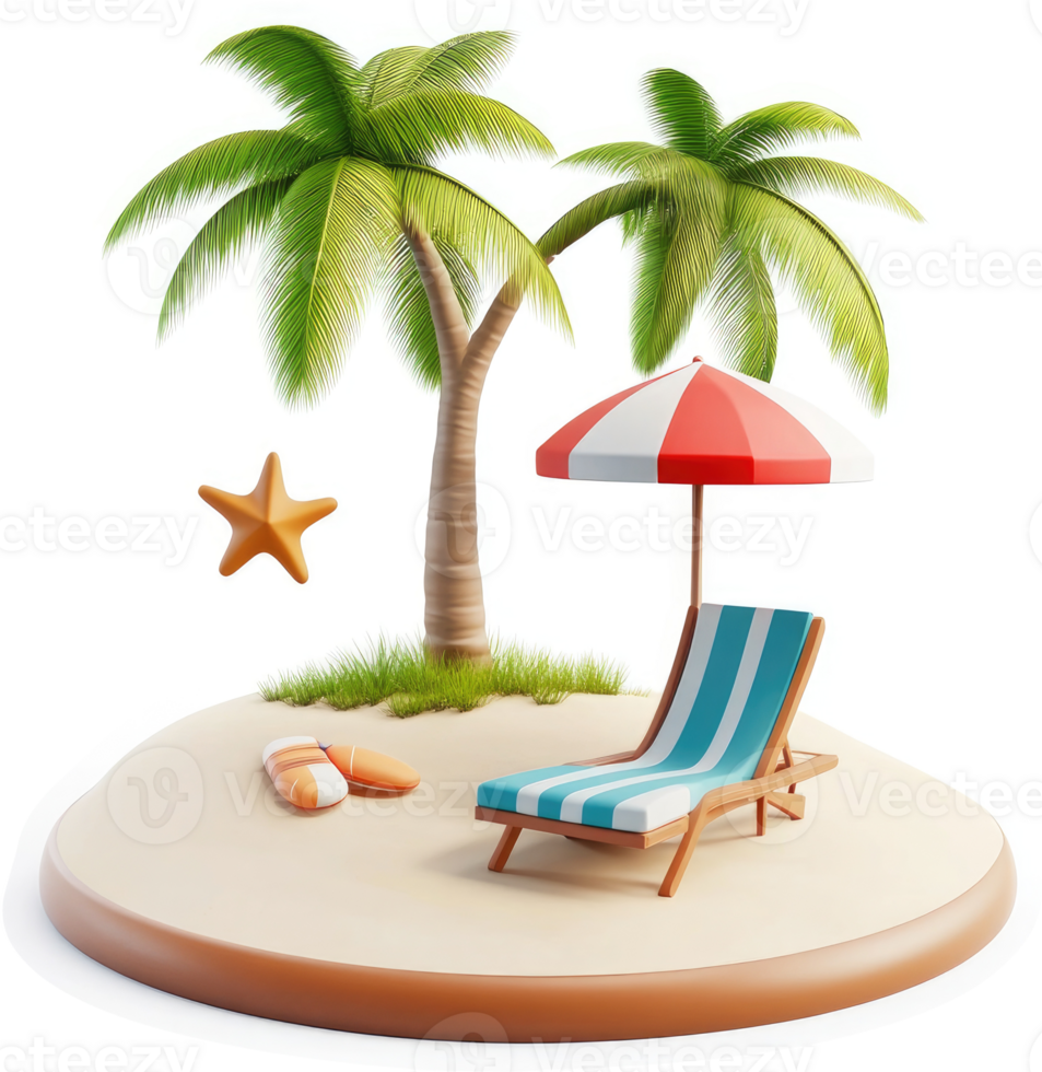 Tropical island getaway scene with palm trees, beach chair, and umbrella. png