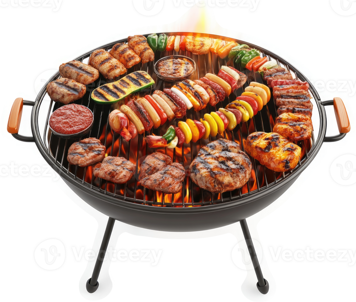 A variety of grilled meats and vegetables on a round portable grill. png