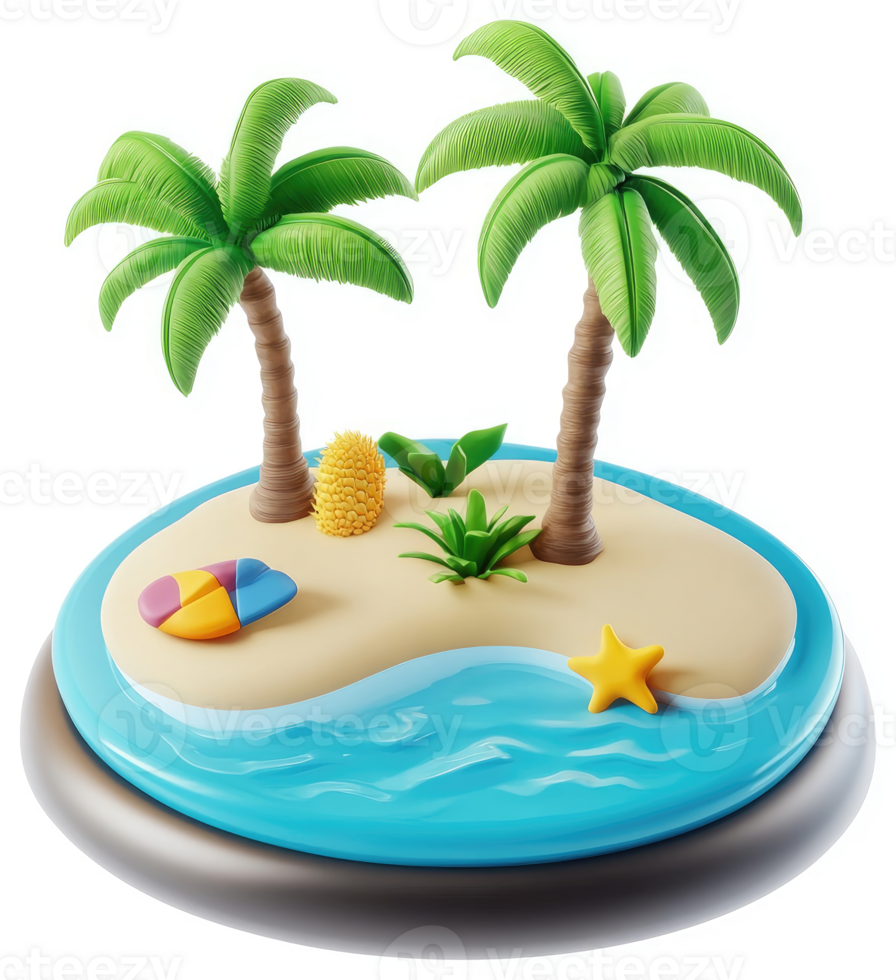 Tropical island scene with palm trees and beach objects. png