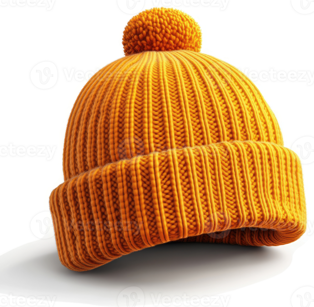 Bright, ribbed, mustard-yellow knit beanie with a pom-pom. png