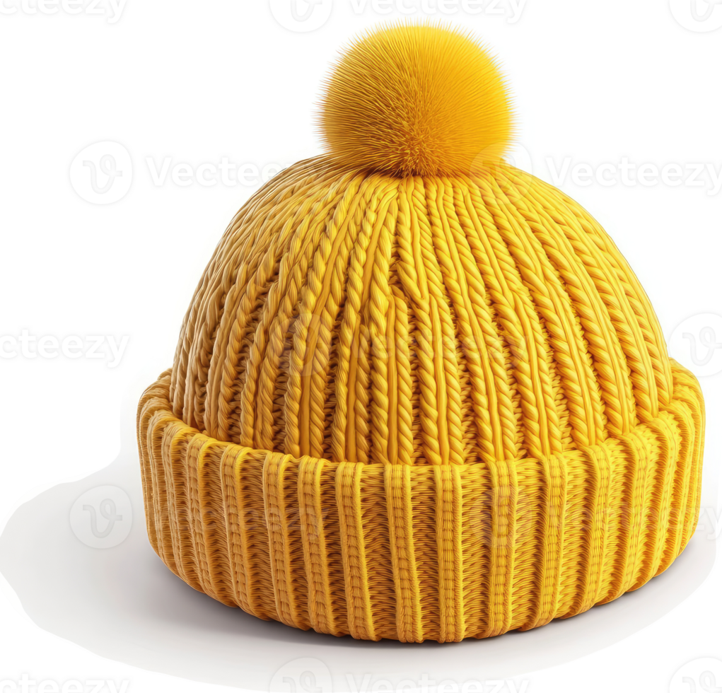 Mustard-yellow knitted winter hat with faux fur pom-pom. png