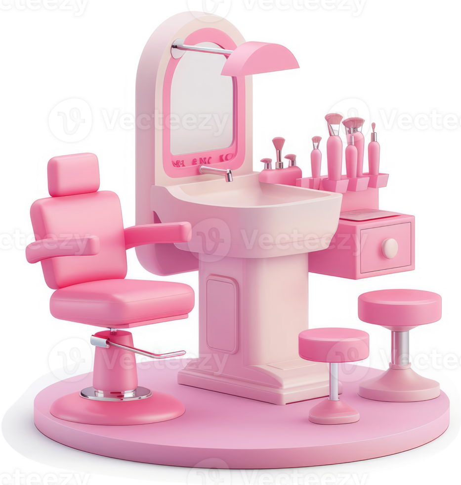 Pink beauty salon station with vanity and hairdressing chair. png