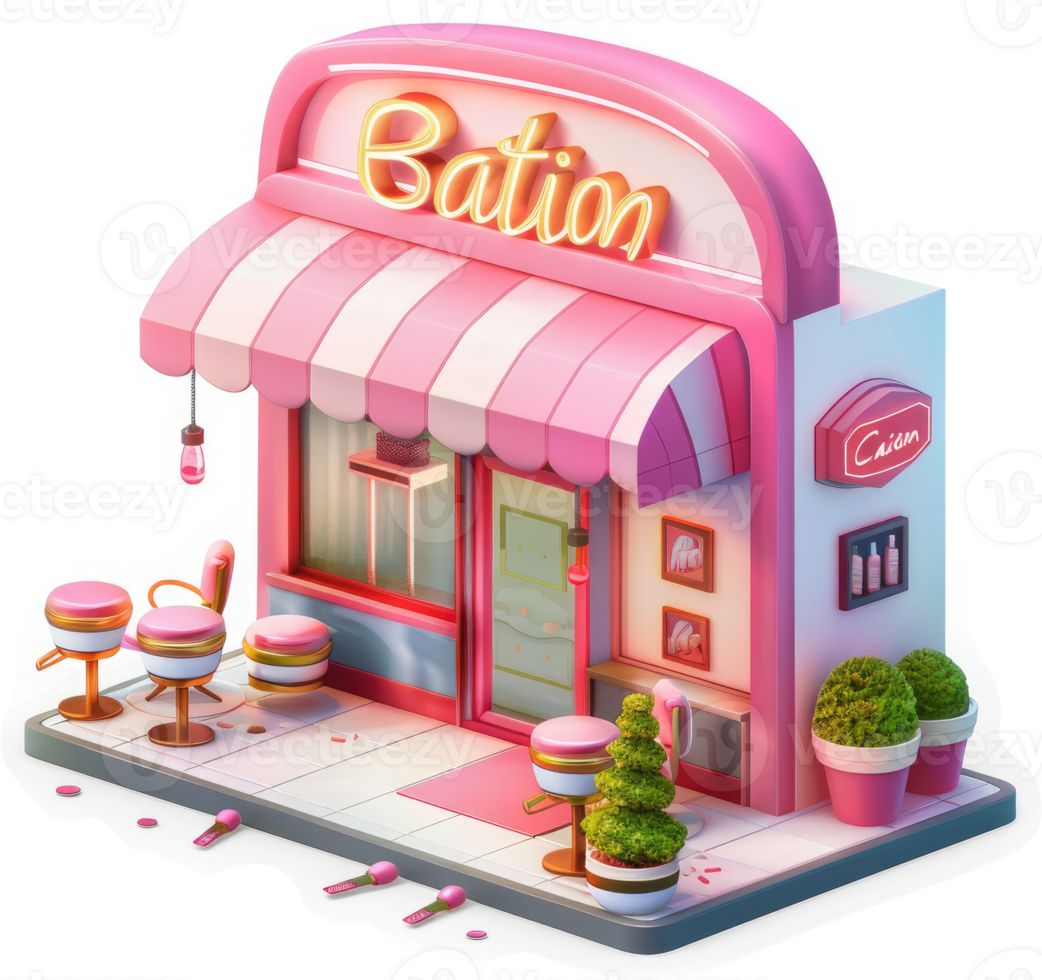 Charming pink storefront cafe with outdoor seating. png