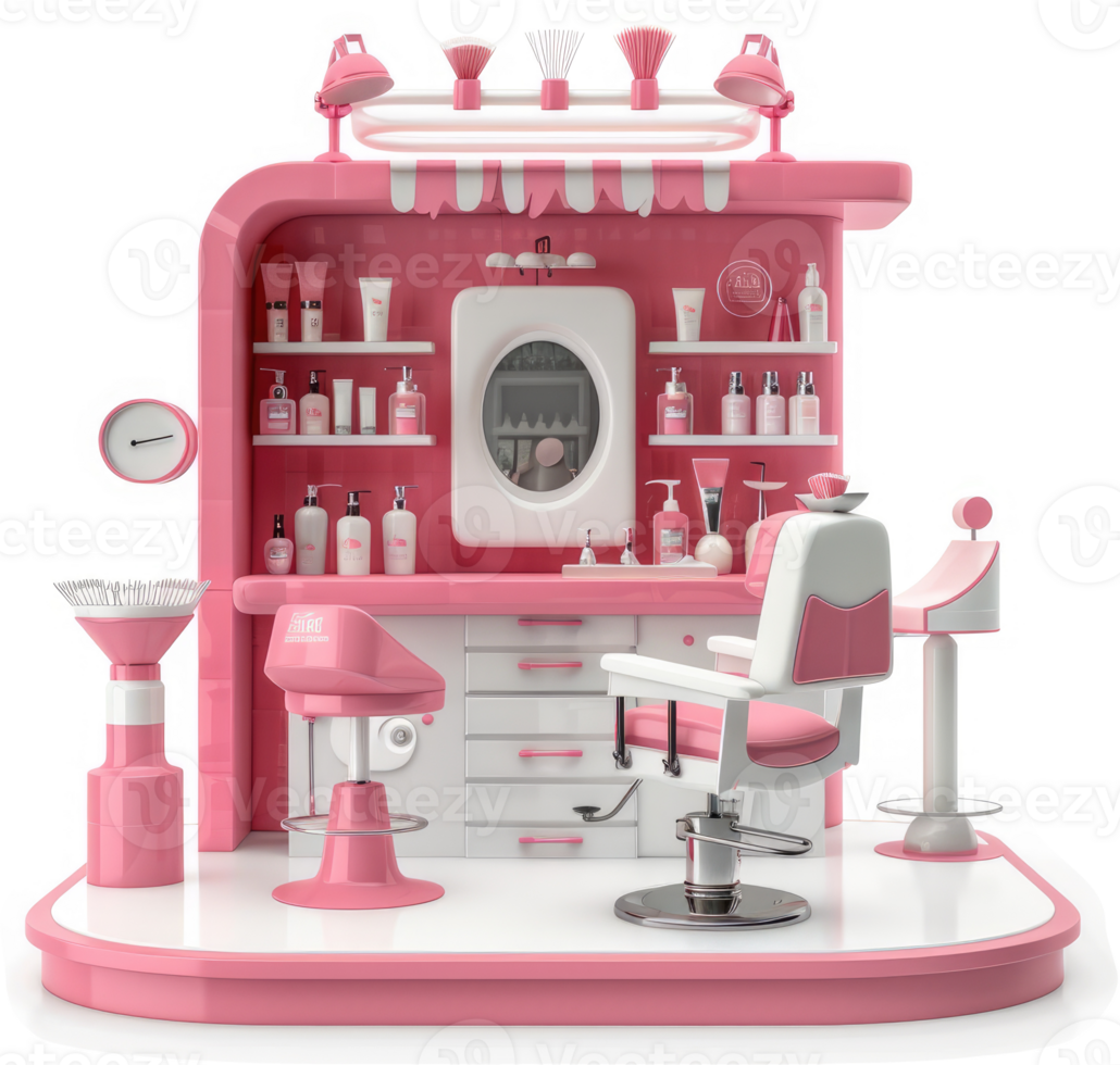 Pink beauty salon display, showcasing various cosmetic products. png